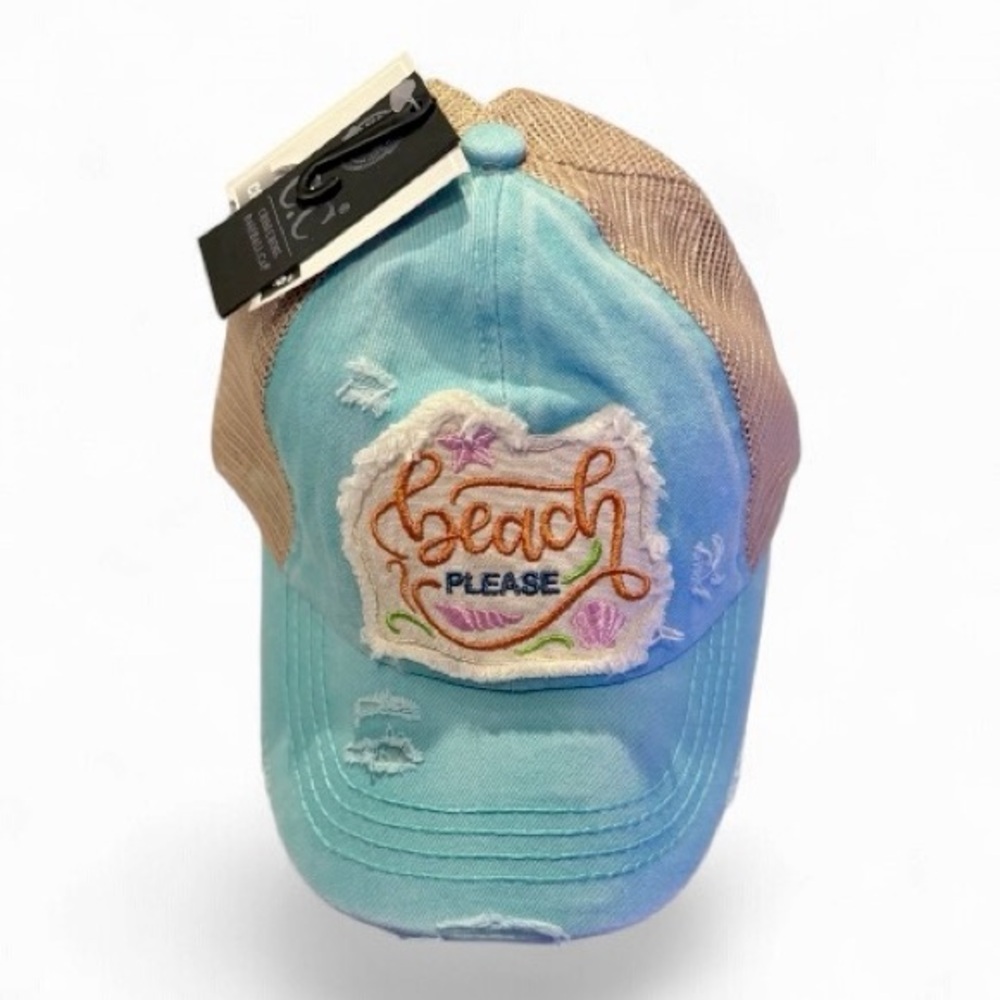 C.C Mint and Tan Beach Please Criss Cross Ponytail Trucker Mesh Baseball Cap NWT